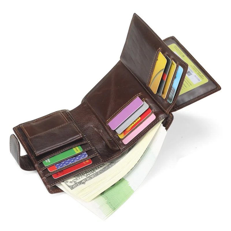 JNKET Retro Genuine Cow Leather Wallet Men Vertical Clutch Wallet Coins Purse Card Holder Notecase Multifunctional