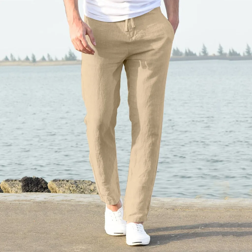 47856-6c8fcb.jpg Men's Cotton Linen Pants Solid Casual Loose Men Clothing Elastic Waist Breathable Fitness Pants Pantalon Homme - Image 1