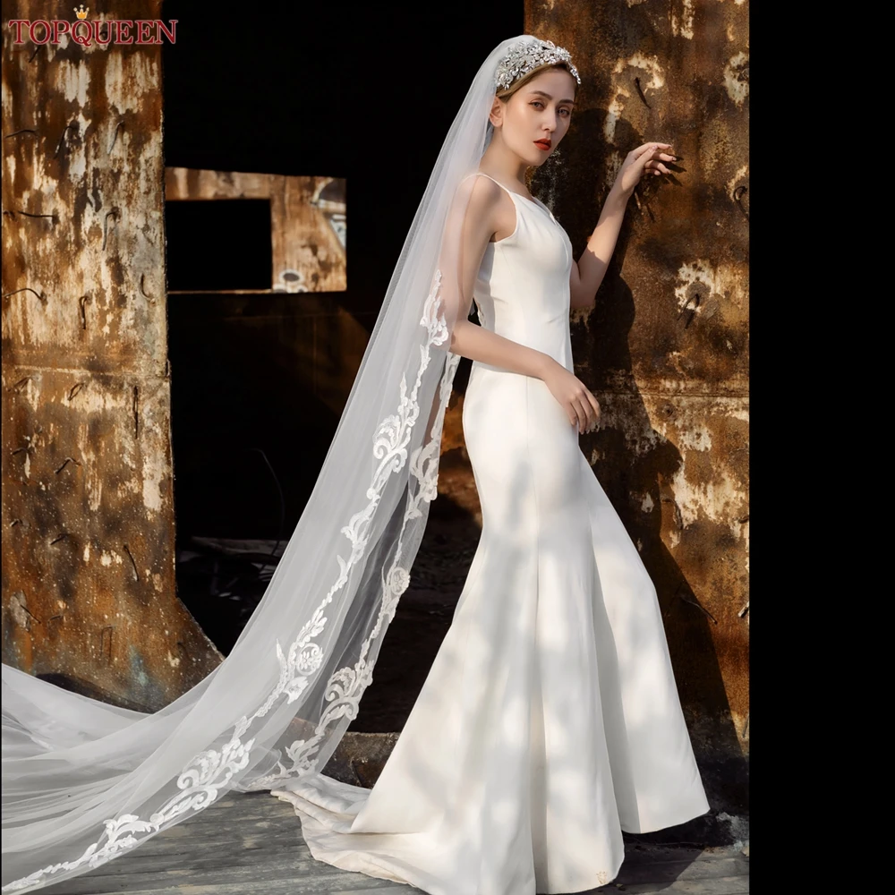 

TOPQUEEN вышитые Соборные Свадебные вуали с кружевной аппликацией Свадебные вуали длинные Шантильи кружева вуаль один слой кружева край V62