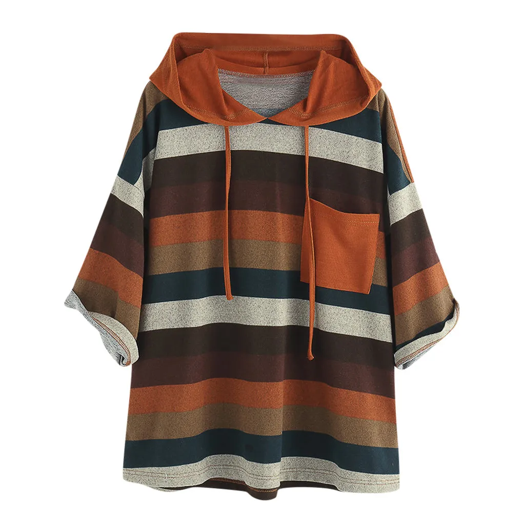 Jaycosin Fashion Autumn Casual Female O-Neck Multicolor Striped Sweatshirt Long Sleeve Comfortable Pocket Jumper Pullover 14#4