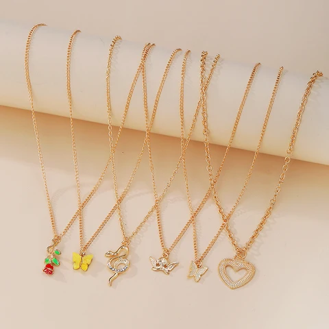 6Pcs/set Rose Lock Snake Pendant Necklace for Women Gifts Fashion Crystal Butterfly Heart Angel Necklaces Letter Jewelry