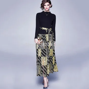 

2020 Season Round Neck Sweater Splicing Printing Lace Fake Two Piece Slim Fit Backing Dress