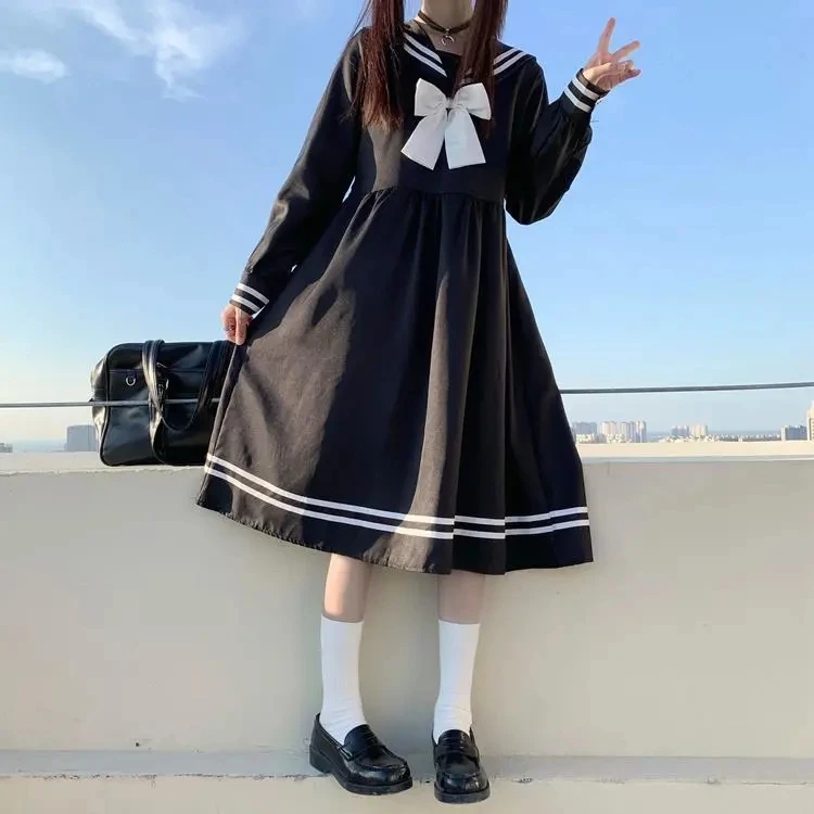 Harajuku Sailor Collar Navy Dress Japanese Lolita Sweet Bow-knot Girl Retro Cotton Kawaii Preppy Style Short Sleeve Dress Women