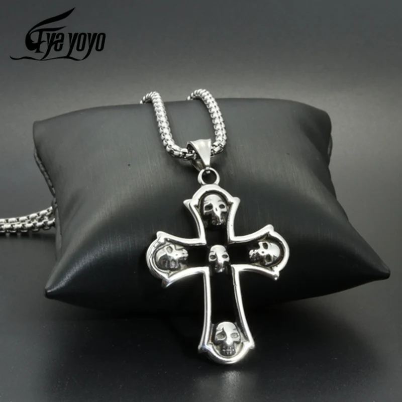 EyeYoYo титановая сталь панк ретро Подвеска Крест с черепами ожерелье для мужчин