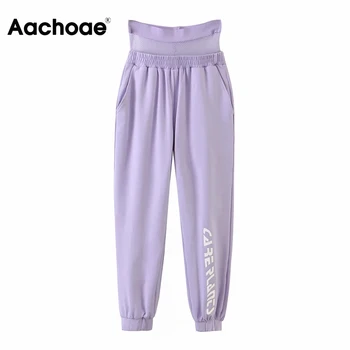 

Aachoae Sport Wear Mesh Patchwork Jogger Pants Women Fashion High Waist Long Sweatpants Ladies Letter Print Purple Trousers