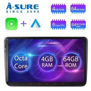 

A-Sure 9 Inch 2 Din Car Radio 8 Core 64GB Android 10 CarPlay GPS Navigation For VW Polo Golf Passat Caddy T5 4G+ WIFI