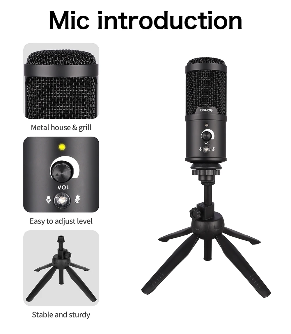 DGNOG   USB Microphone with Mut Button, Professional Compression, Suitable for PC Games ,   Studio Recording and Streaming Media