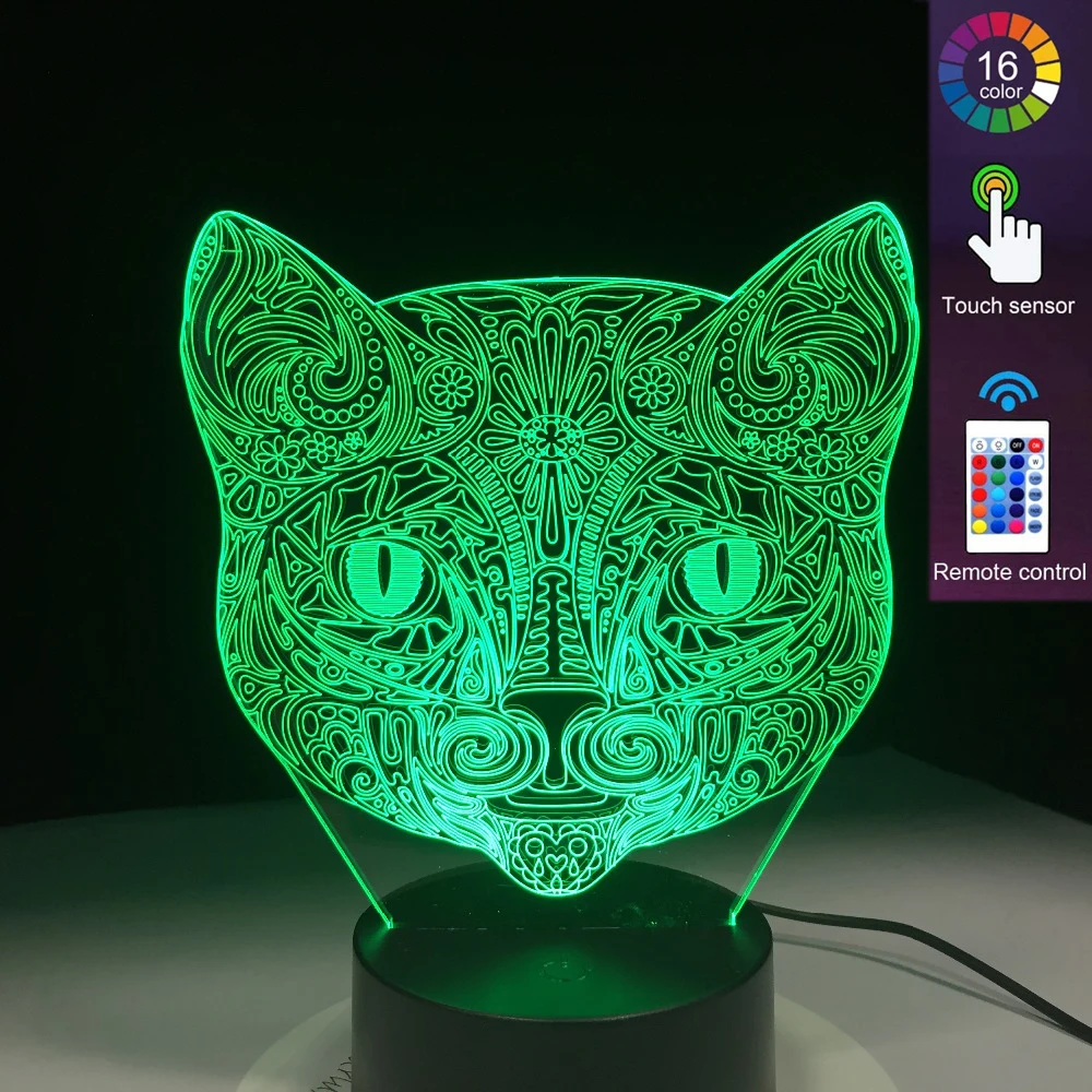 

3D ночник, визуальная лампа, 16 цветов, Сенсорный проектор с кошачьей головой, атмосферный светодиодный светильник для дома, спальни, кофе, магазина с USB