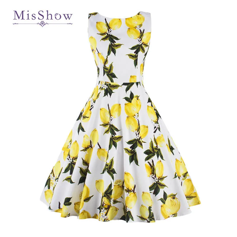 

A sleeveless holiday dress with high quality yellow lemon fruit printed on it