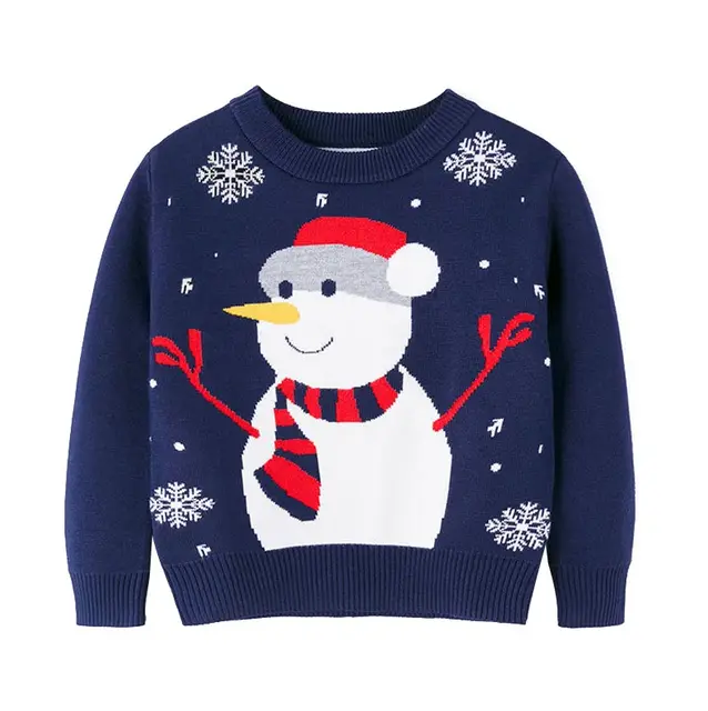 Autumn Winter Christmas Sweater Baby Boys and Girl Children O-Neck Print Knitted Sweater Kid Pullover Cartoon Teenager Sweater Blue