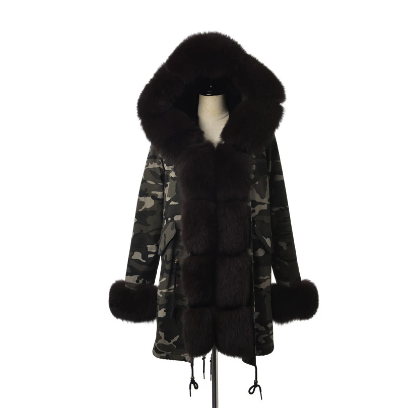 FURSARCAR New Camouflage Jacket Real Fur Parka Women Luxury Winter 80 CM Coat With Fox Fur Collar And Cuff Casual Warm Fur Parka
