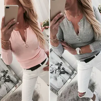 

Brand New Women's Sexy Lace Decor T-Shirt Zipped V Neck Long Sleeve Tight Tee Ladies Fashion Casual Slim Tops