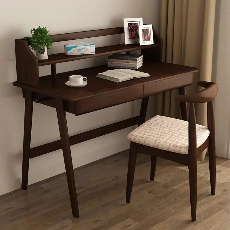 

Solid Wood Northern European-Style Desktop Computer Desk with Bookshelf Office Desk Children Household Writing Desk Bookshelf Co