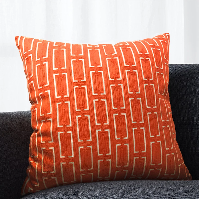 

DUNXDECO Cushion Cover Decorative Pillow Case Simple Chinese Style Orange Cotton Thread Embroidery Modern Geometric Sofa Coussin