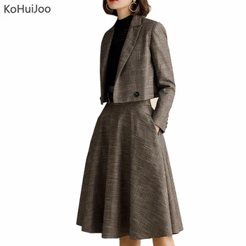 

KoHuiJoo Two Piece Skirt Suit Women 2020 Spring Elegant Short Blazer and Knee Length Skirt Sets Vintage Female Interview Suits