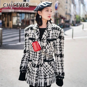 

CHICEVER Plaid Patchwork Tassel Tweed Coats Women Lapel Collar Long Sleeve Casual Jackets Female Fashion 2020 Clothing New Tide