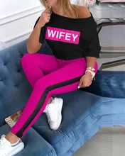 

Women Letters Print Tracksuit sets Lady autumn sexy off shoulder Two Piece Tracksuit set Elegant blouse+Elastic Waist Long Sets
