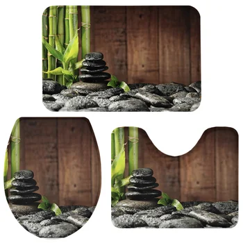 

Bamboo Stones Pebbles Water Drops Bath Set Toilet Cover Mat Pedestal Rug Non-Slip Bathroom Rug Set