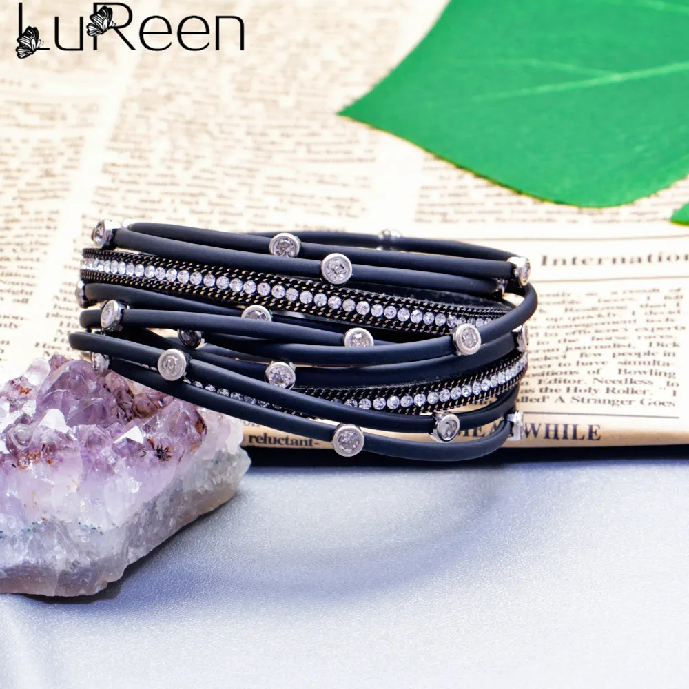 Lureen Многослойный кожаный браслет со стразами ручной работы с магнитной застежкой для женщин и девушек ювелирные аксессуары