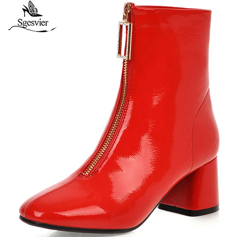 Sgesvier 2020 Patent Leather Shiny Crystal Front Zipper Tight Boots