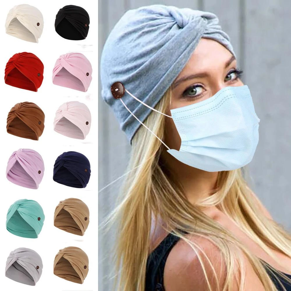 Masque à boutons pour femmes, Turban tendance, casquette Hijab, Jersey,  torsadé, solide, enveloppe la tête, bandeau pour cheveux, Anti-serrage, 