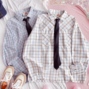 

Spring New Women Plaid Blouse Girls Long Sleeve Loose Ins Student Unisex Harajuku Soft Sister Tie Casual Cardigan Shirt Tops