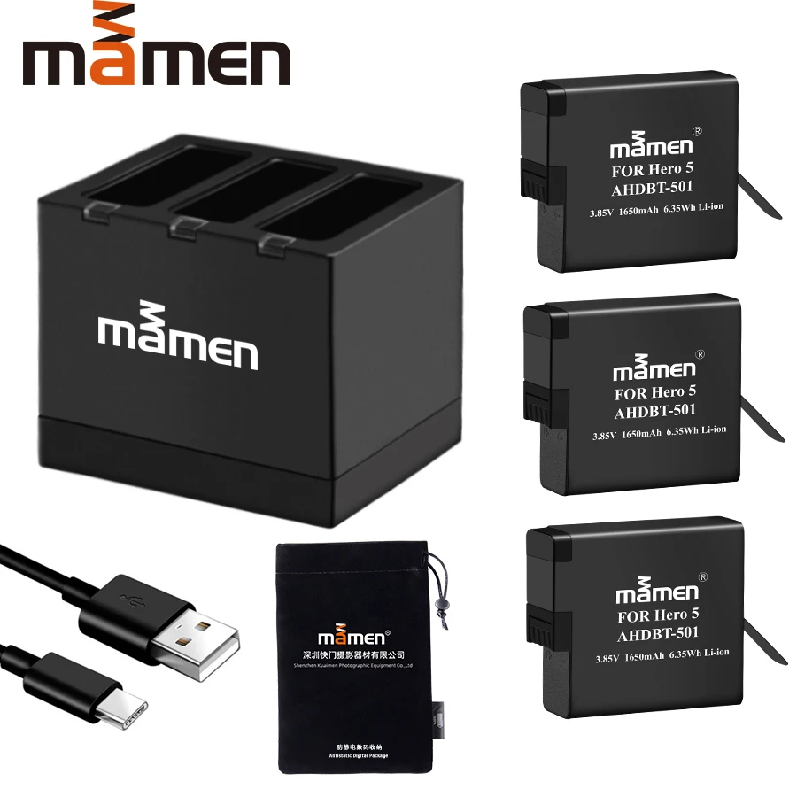 

Mamen 3pcs Gopro 501 Go pro AHDBT 501 Digital Battery + Type-C Charger for GoPro Hero 5 6 7 Black Sports Action Camera Battery