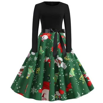 

2019 Women Elegant Vintage Print A-line Party Christmas Dress Plus Size Black Patchwork Long Sleeve Slim Casual Winter Dresses