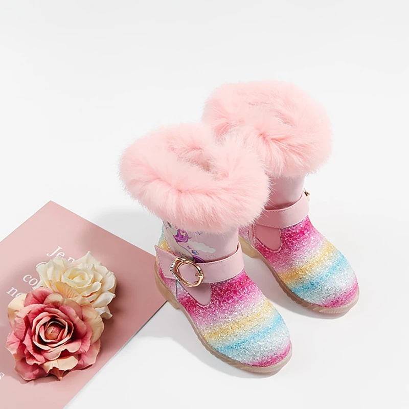 

Winter Girl Boots Height Increasing Warm Fashion Rainbow Fur Mid-calf New Children shoes Zip Closurence Rubber Bottom cotton