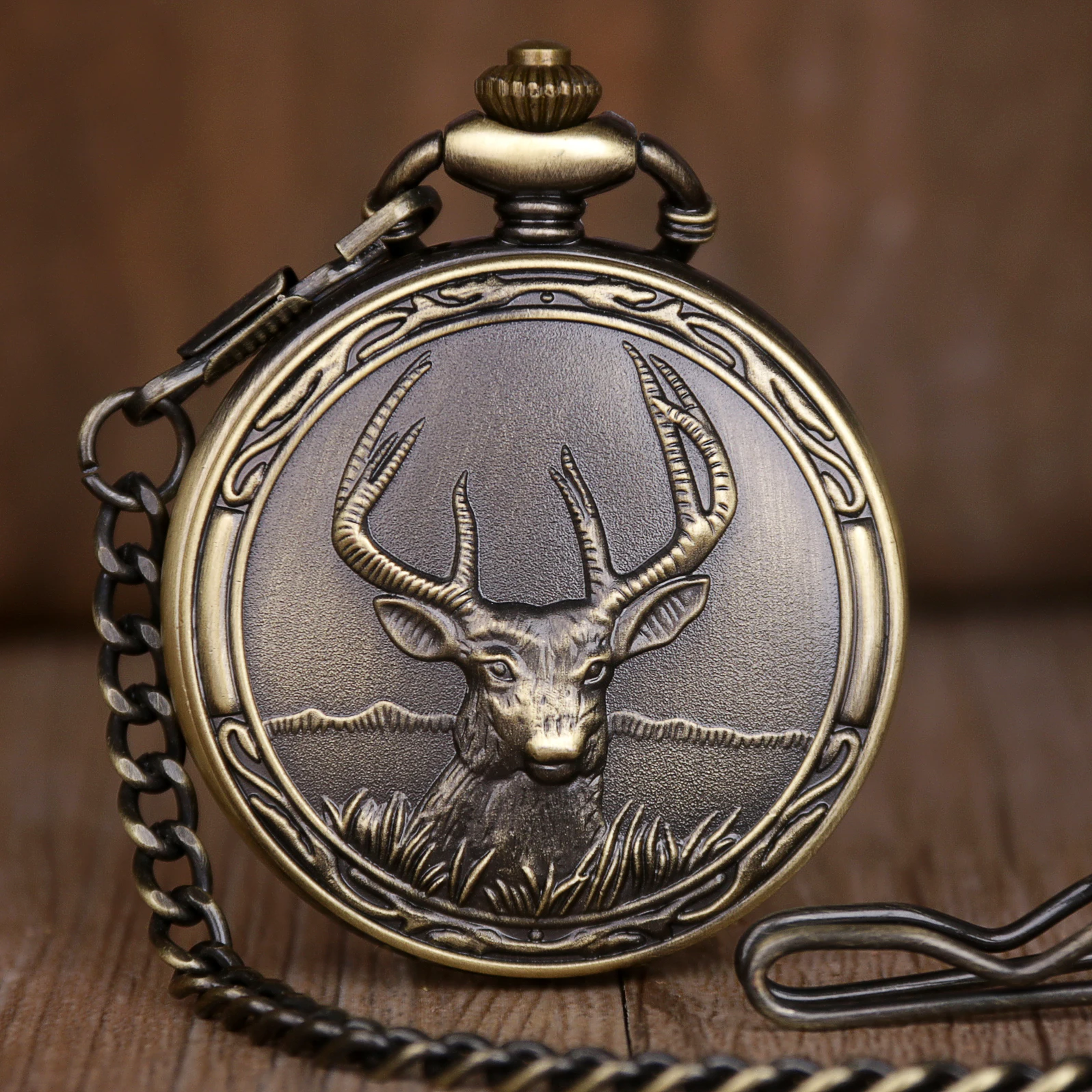 

Retro Bronze Deer Unique Design Necklace Roman Digital Pendant Quartz Pocket Watch with FOB Chain Mens Womens Gifts Clock