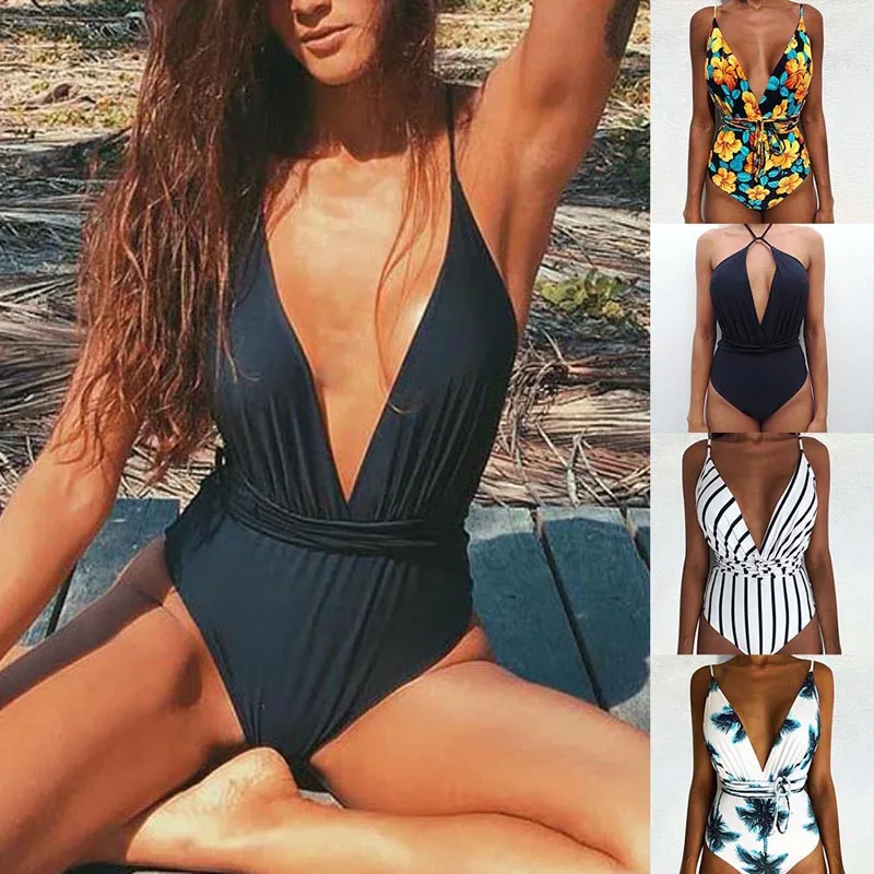 Women Bikini Set Floral Printed Swimwear Vintage Striped Bottom Biquini Summer Halter Sexy Mujer High Waist Swimsuit Beach Wear