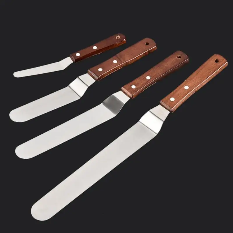 4pcs Colored Wood Handle Cake Spatulas Stainless Steel Butter Cream Mixing Batter Scraper Shovel Ki