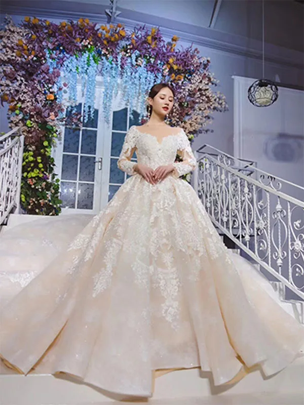 as picture HTL941 свадебное платье с длинным рукавом со съемным шлейфом, роскошное кружевное свадебное платье с круглым вырезом, новинка, vestido de noiva manga longa - Цвет: as picture