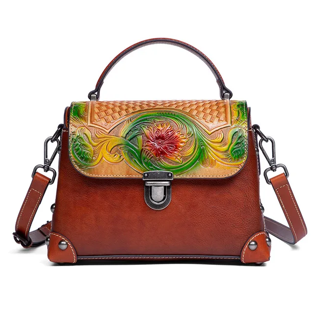 Floral Genuine Leather Handbag 2022 New Retro Painted Carving Craft Women Tote Bag Nature Cowhide Casual