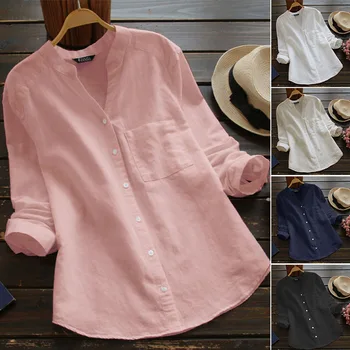 

Kaftan Cotton Shirts Women's Spring Blouse ZANZEA 2020 Casual Long Sleeve Tops Female Button Blusas Solid Plus Size Tunic 5XL