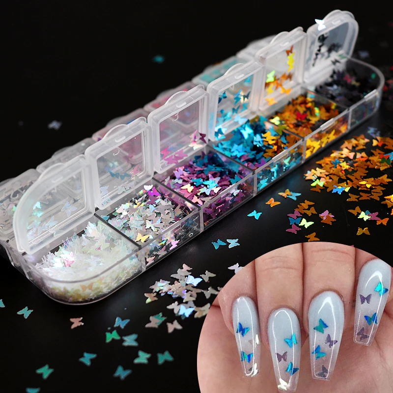 12 цветов в форме бабочки для ногтей блестящие хлопья 3D голографические Блестки Мини Блестки Дизайн ногтей украшения DIY Набор насадок