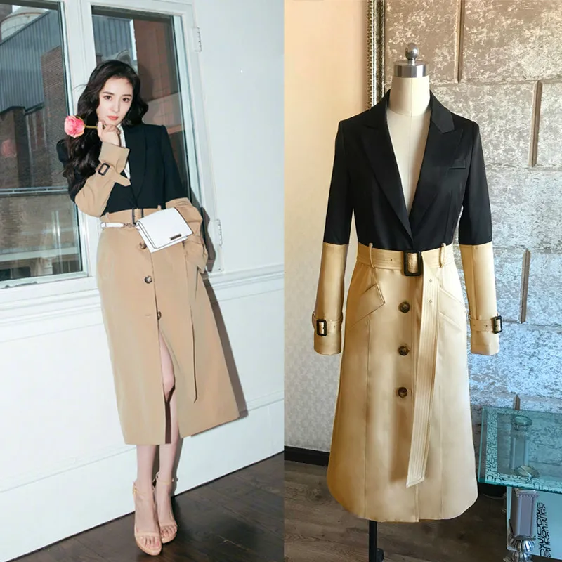 

LANMREM 2020 Star With The Same Paragraph Stitching Slim Trench Coat Long Section Was Thin Windbreaker Korean Version 19B-a476