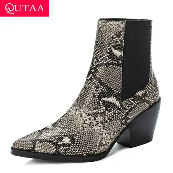 

QUTAA 2020 Snakeskin PU Leather Square High Heel Concise Women Shoes Autumn Winter Pointed Toe Slip On Ankle Boots Big Size34-43
