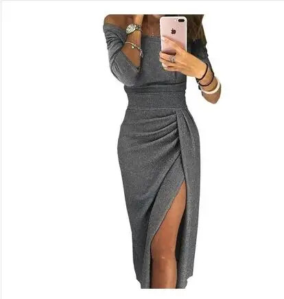 Kpop женское платье Femme Vestido с открытыми плечами Высокая Талия Bodycon пикантные однотонные платья для женщин; Большие размеры MK252 - Цвет: gray