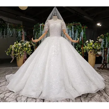 شراءBGW HT41130 فساتين زفاف الكرة مع الأكمام قبالة الكتف قارب الرقبة الخرز كريستال الصين فساتين زفاف رداء دي ماري