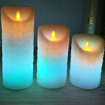 

Remote wax rose embossed RGB pillar led candle, flameless rose wedding candle decoration,Christmas/New Year decoration for home