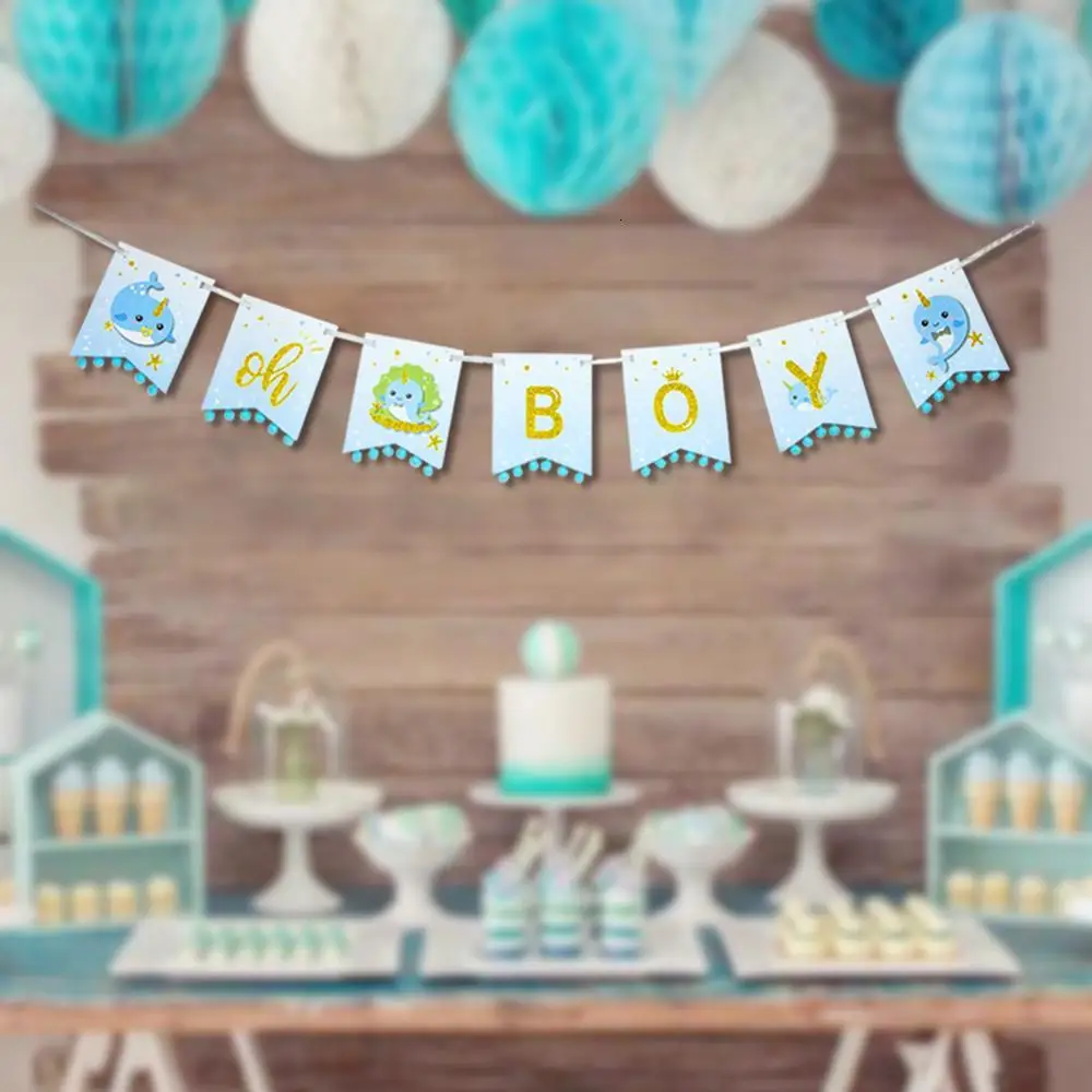 

OH Boy Banner Narwhal Blue Baby shower Boy Birthday Garland Marine organism Ocean Sea Animal Gender Reveal Party Decorations