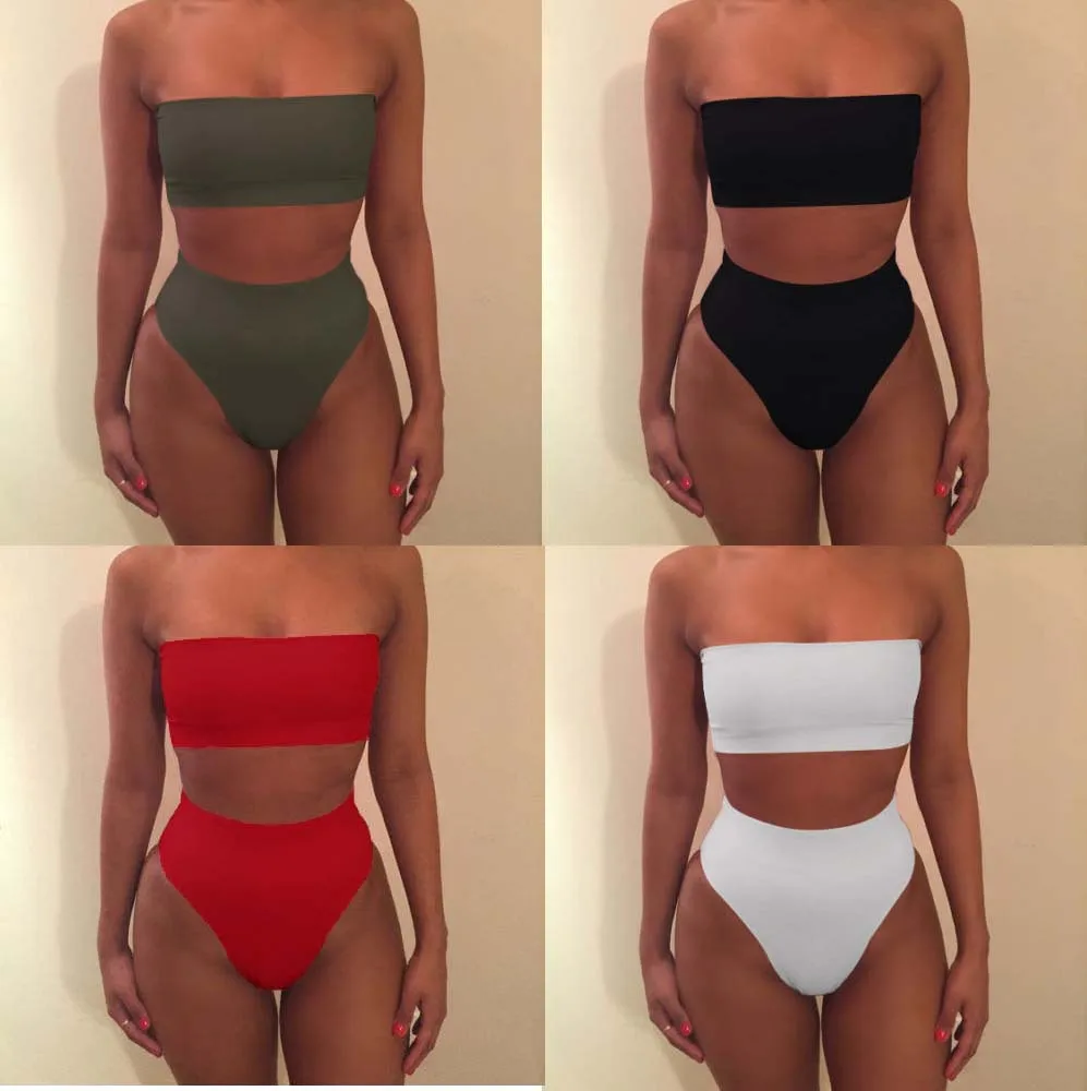 High Waist Swimsuit Sexy Bikini set Lady Brazil Pad Swimsuit Push Up Bandeau Top Plus Size Bottom Bikini Set Swimsuit Free Ship