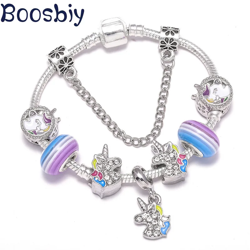 Boosbiy, высокое качество, милый браслет амулет в виде единорога, посеребренный браслет с мультяшными бусинами, брендовый браслет, модное ювелирное изделие, подарок для женщин