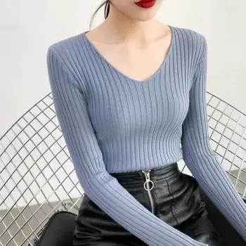 

2019 basic V-neck solid autumn winter sweater pullover female knitted sweater long sleeve cheap sweater