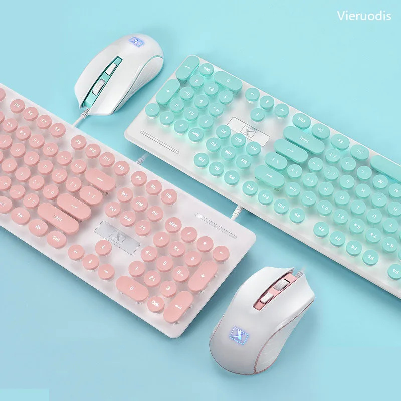 Vieruodis клавиатура мышь комплект проводной стимпанк Винтаж GamingCombo круглая кнопка клавиатура Бесшумная мышь для Macbook lenovo Dell Lapt