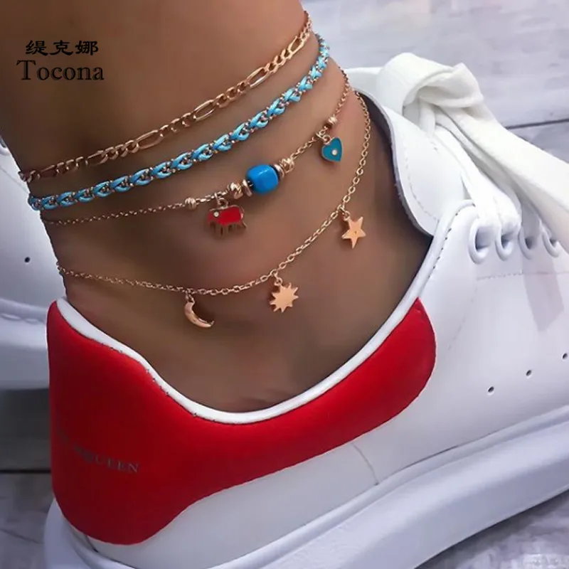 Tocona 4pcs/sets Gold Anklets Charms Heart Elephant Moon Sun Star Geomerty Foot Chain Beach Summer Jewelry Women Accessorie 8499 Tocona 4pcs/sets Gold Anklets Charms Heart Elephant Moon Sun Star Geomerty Foot Chain Beach Summer Jewelry Women Accessorie 8499