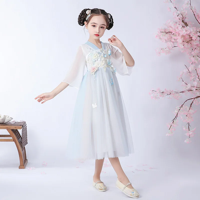 Summer Long Chinese National Style Cheongsam Tang Suit Children's Chiffon Girls Dress for Wedding Party Children Kids Clothes |