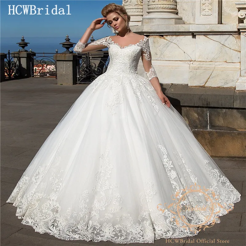 

Princess Wedding Dresses 2019 Vintage Lace Tulle V Neck 3/4 Sleeve Graceful Bridal Dress Customize Robe De Mariage