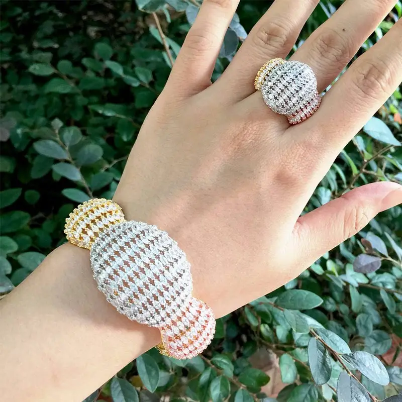 ModemAngel модные роскошные супер 3 тона бум цветы AAA кубического циркония женские вечерние браслет ширина и кольцо набор - Окраска металла: 3Tone Mixed